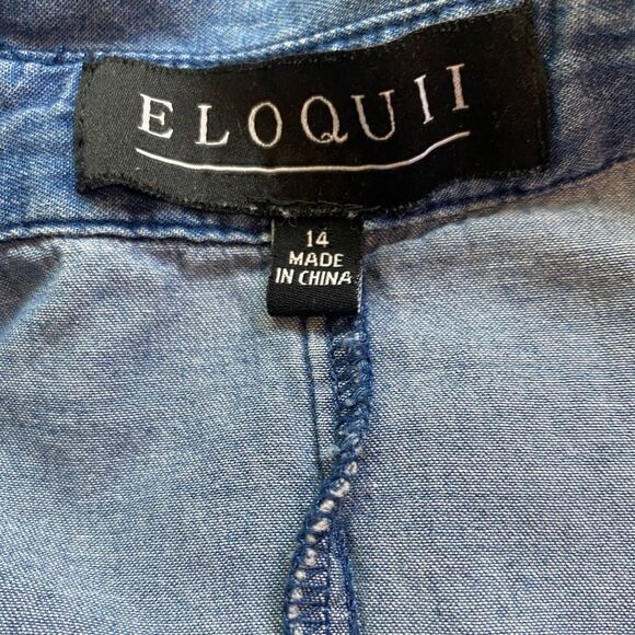 Eloquii Blue Chambray Denim Ruffle Chest Long Sleeve Button Down - Picture 5 of 7